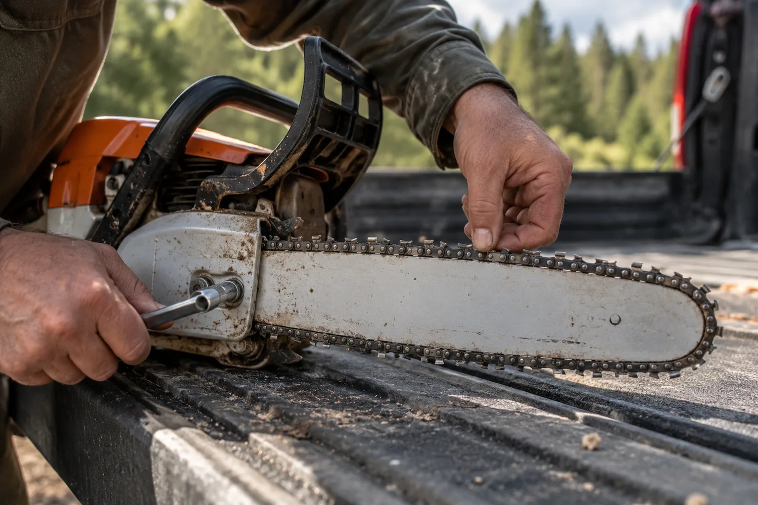 A close side shot of a chainsaw on a truck tailgate, one hand turning the side tensioning screw with a scrench while the other lifts the chain at the middle of the guide bar to check the sag.