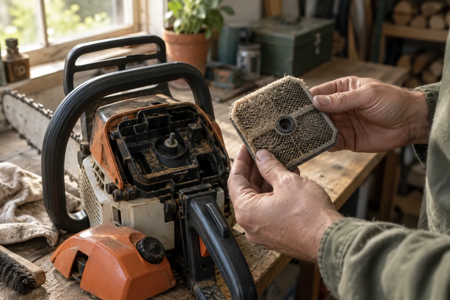 Two hands holding up a foam-and-mesh chainsaw air filter that is grey and clogged with fine sawdust, the chainsaw on a garage workbench beside it with the air-filter cover removed.