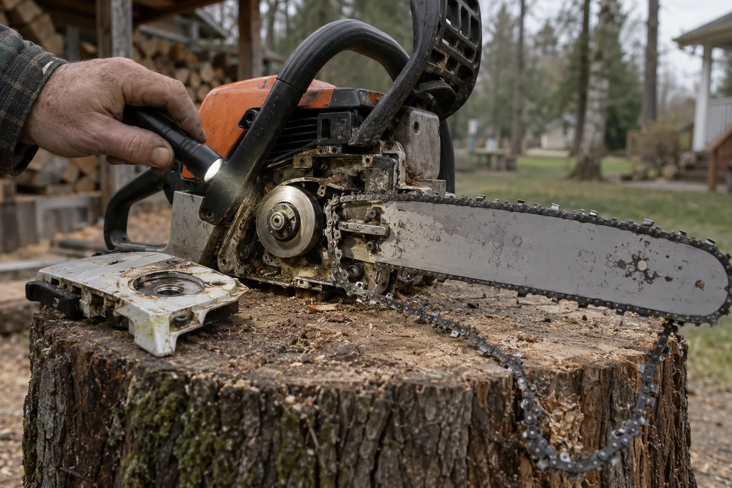 A chainsaw on a broad tree stump with its clutch-side cover removed and lying beside it, the chain derailed and hanging slack off the guide bar near the clutch-drum sprocket, a hand shining a flashlight along the bar rails.