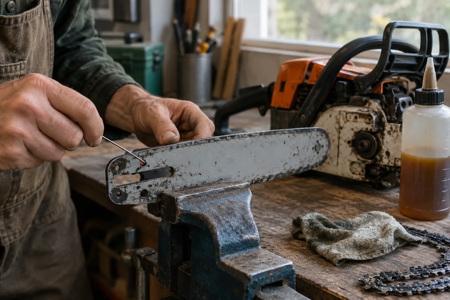 A chainsaw guide bar clamped in a bench vise, a hand pushing a thin wire through the small oil feed hole at the base of the bar, the chainsaw powerhead and a bottle of bar-and-chain oil beside it.