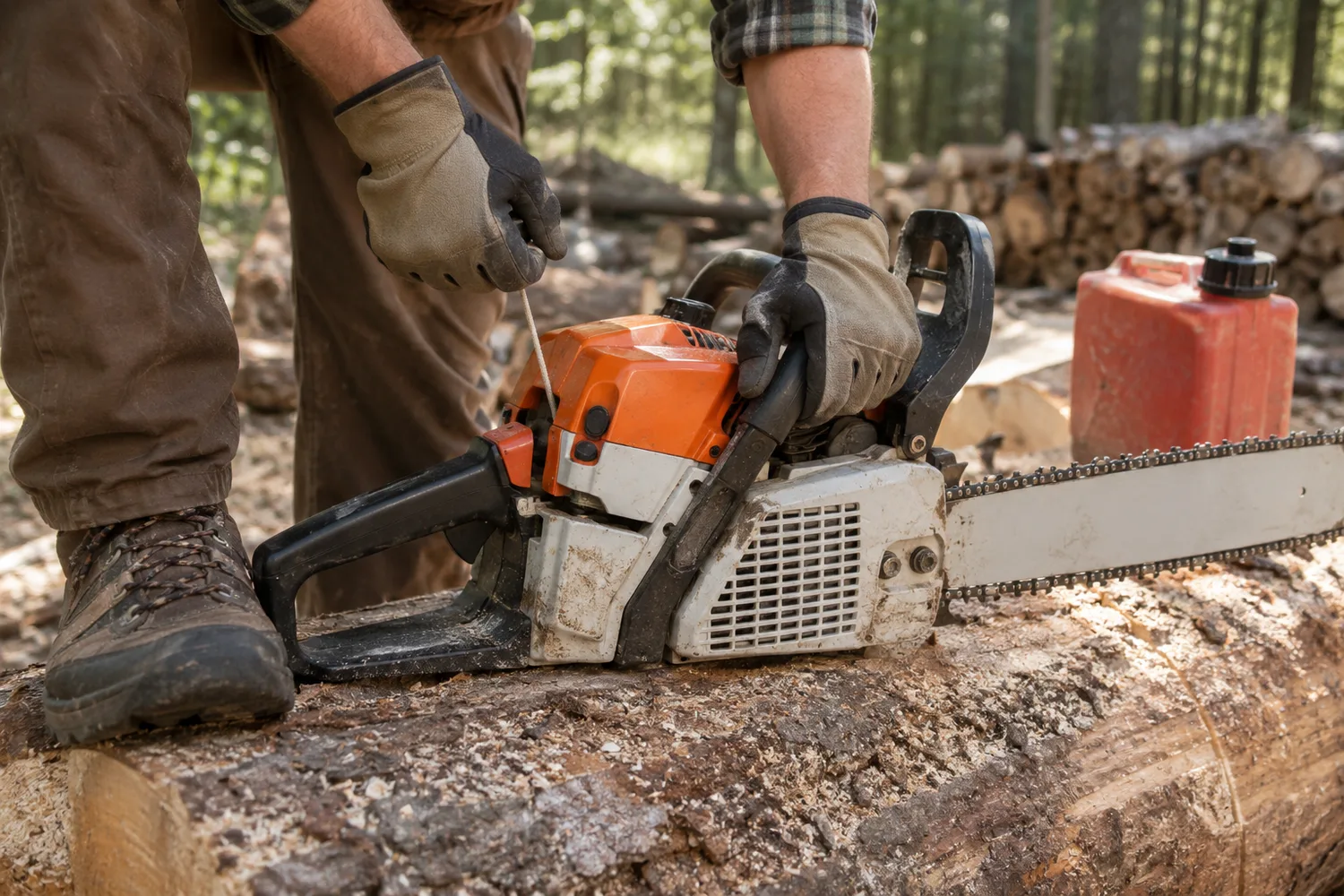 A person in gloves starting a gas chainsaw resting on a large cut log in a woodpile clearing, a boot through the rear handle, one hand on the choke and primer, the other on the recoil starter, a premix fuel can on the log.