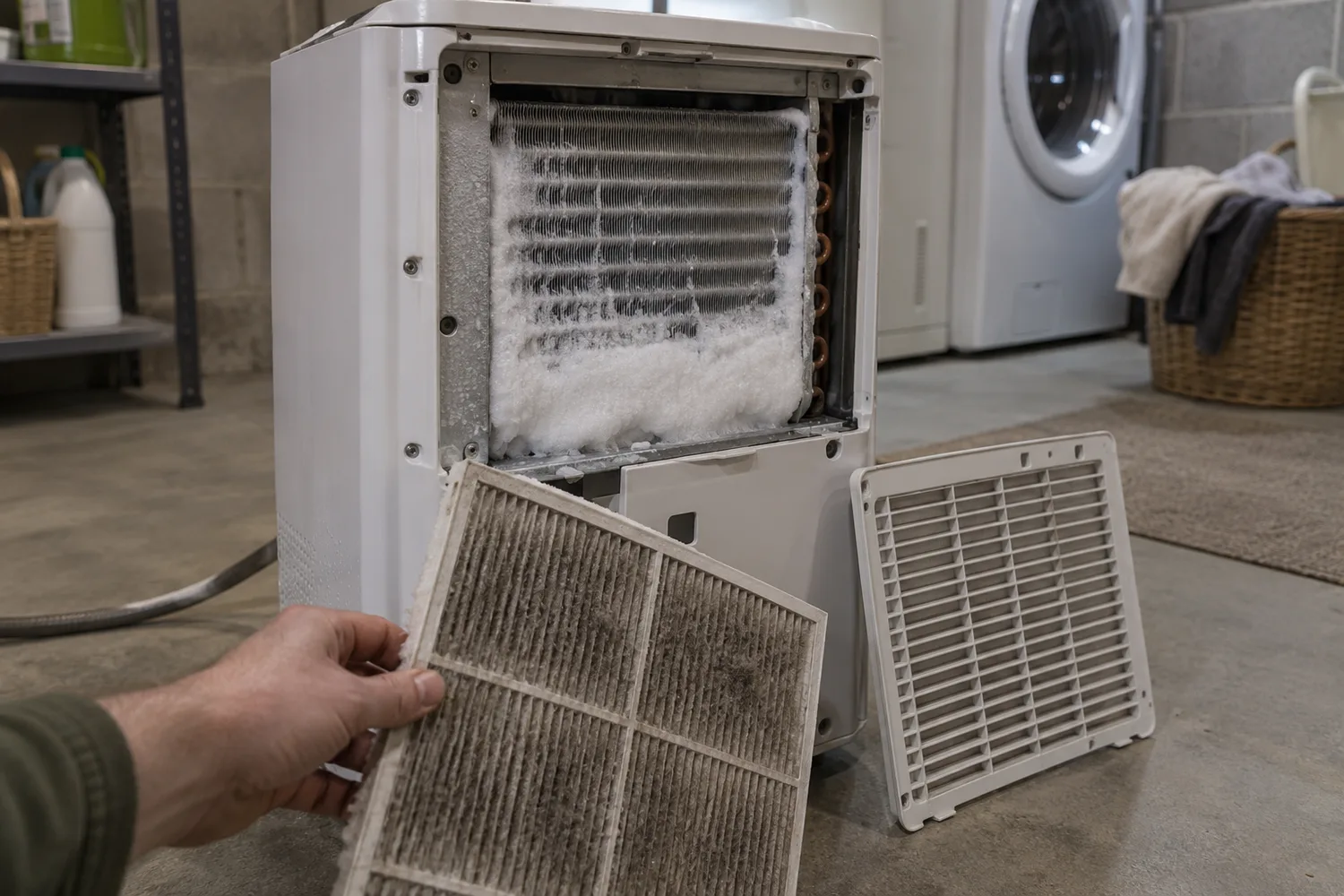 A dehumidifier in a basement laundry area with its rear intake grille and filter removed and leaning against it, the evaporator coil behind visibly packed with white frost and ice, a hand holding the dusty pleated filter.