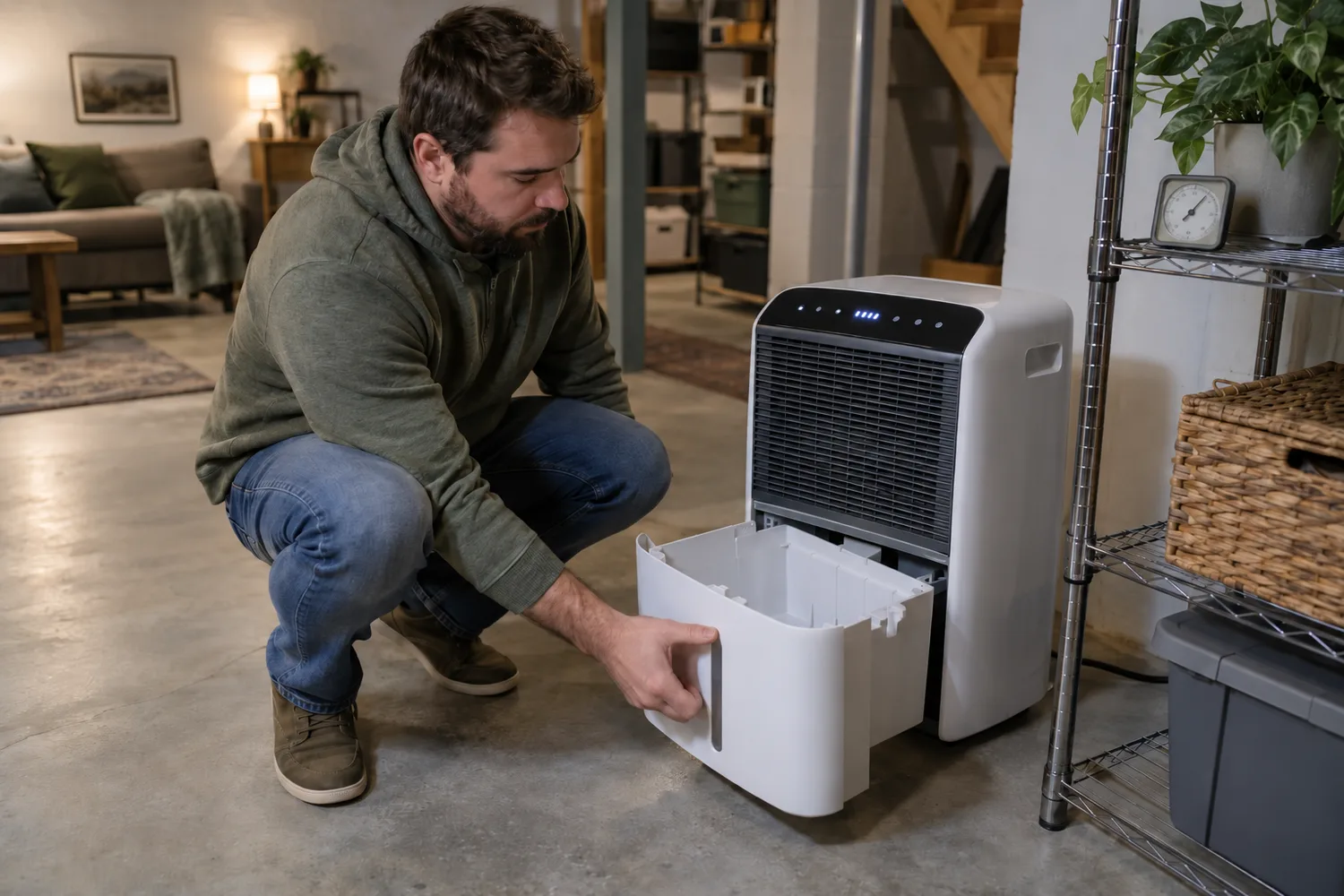 A person crouched beside a portable dehumidifier in a finished basement, pulling the empty collection bucket out from the front, the lit control panel showing a humidity setpoint and a small hygrometer on a nearby shelf.