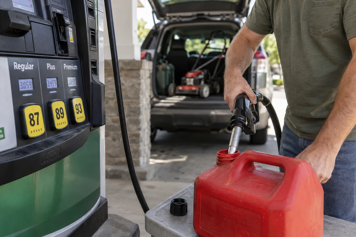 A person filling a red plastic gas can at a self-serve fuel pump, the pump’s fuel-grade selector buttons in sharp focus, a push mower loaded in an open car trunk behind.