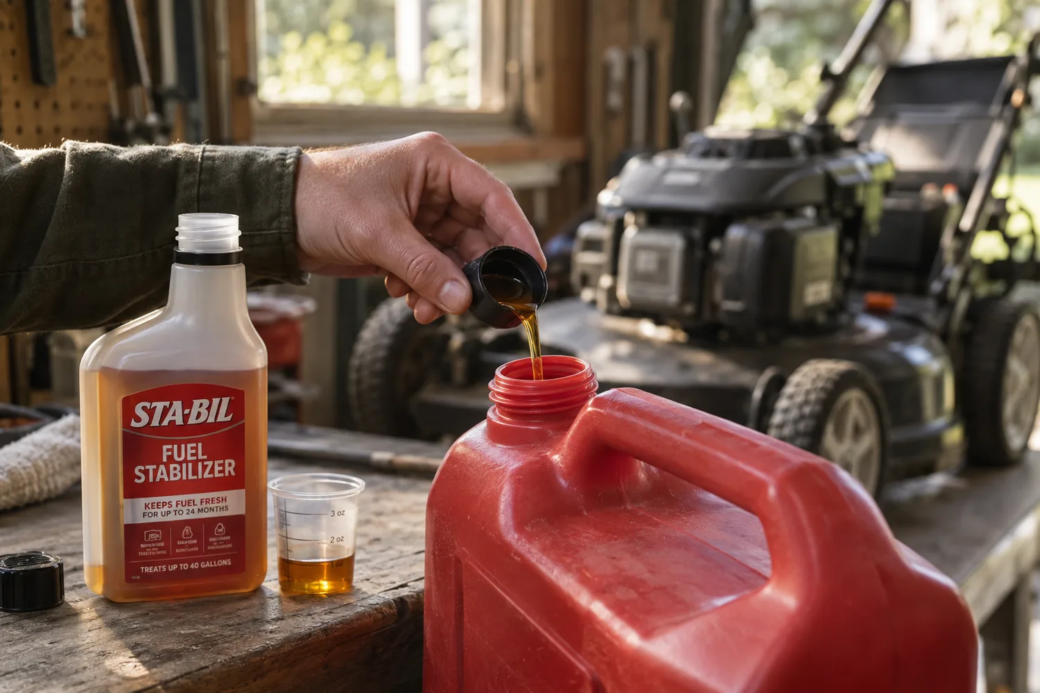 A hand tipping a measured capful of amber fuel stabilizer from its bottle into the open neck of a red gas can on a garage workbench, a small measuring cup beside it, a mower parked behind out of focus.