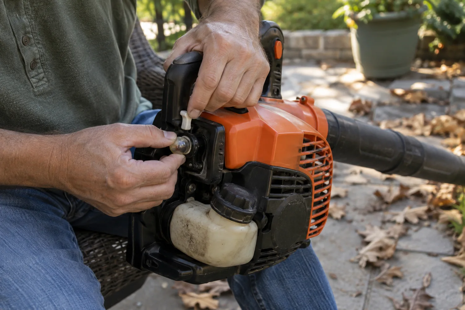 A handheld gas leaf blower held across a person’s lap on a back patio, one thumb pressing the clear primer purge bulb on the carburetor while the other hand holds the choke lever at full choke, dry leaves on the ground.