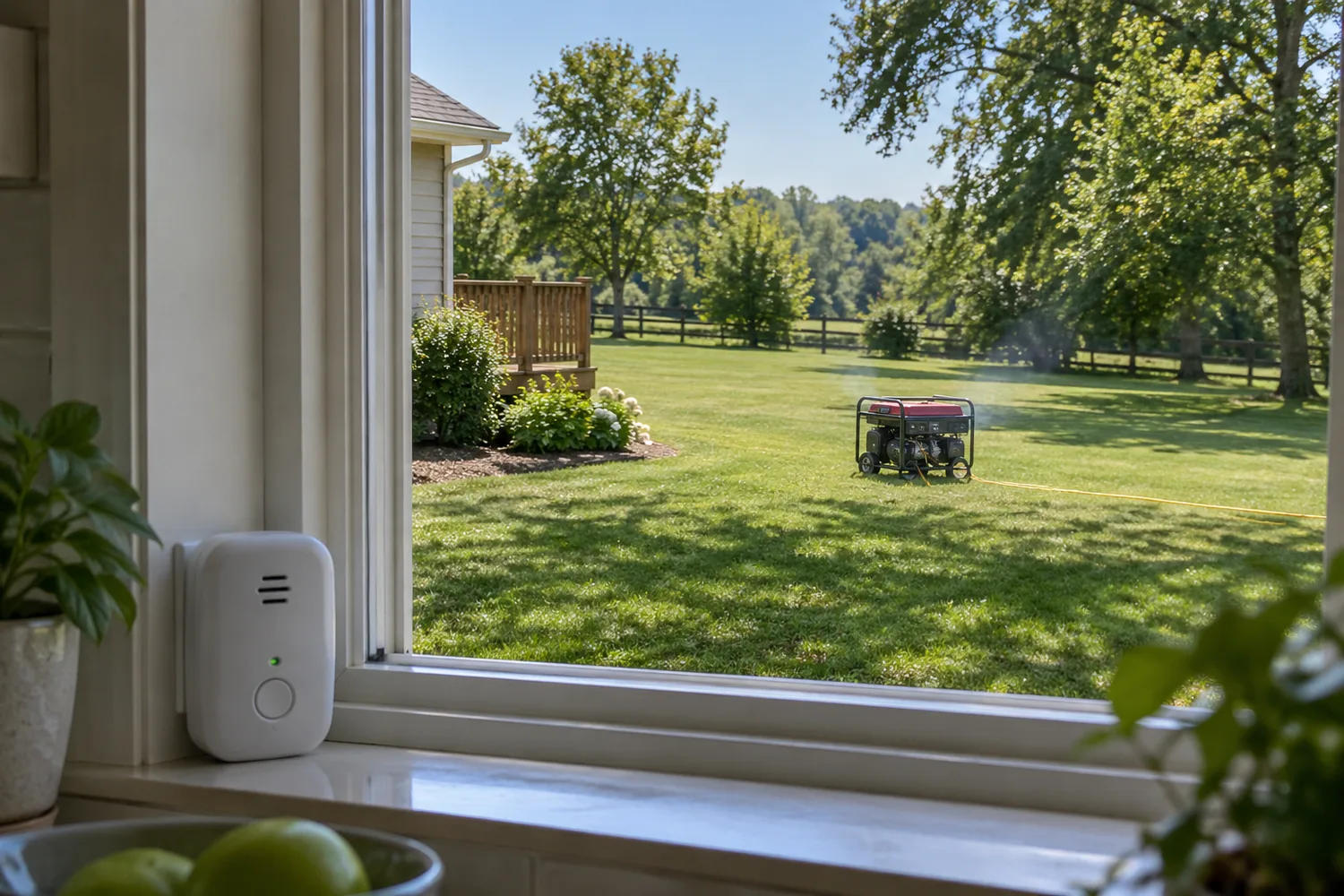 The view through a kitchen window: a plug-in carbon-monoxide alarm on the sill indoors, and outside a portable generator running far out on the lawn away from the house with its exhaust haze drifting away from the building.