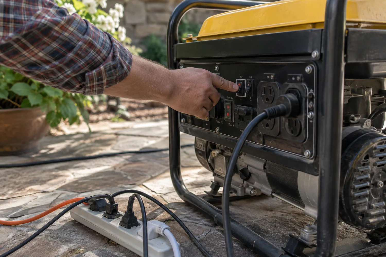 A portable generator outlet panel with one circuit breaker popped to the tripped position, a hand reaching to reset it, a power strip with several appliance cords on the ground below.