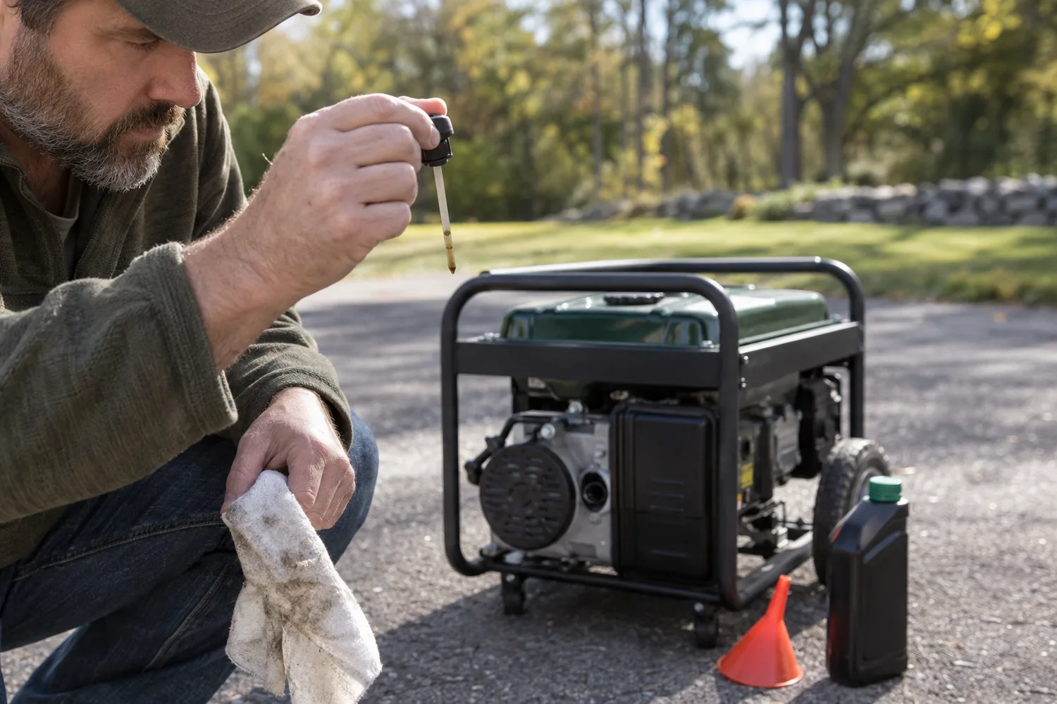 A person holding up the engine dipstick of a portable generator sitting level on a driveway in clear morning light, a bottle of small-engine oil and a funnel on the ground beside it.