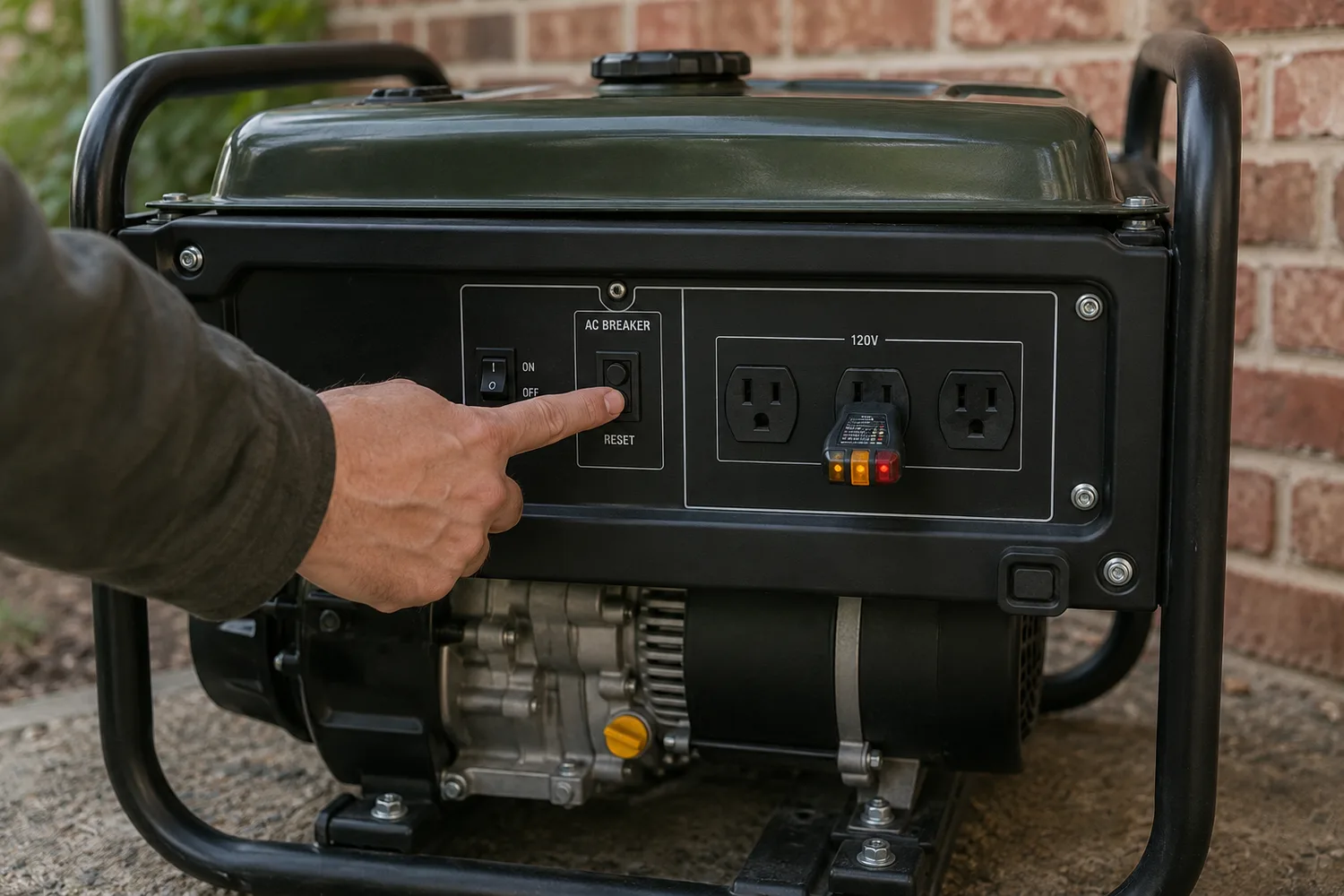A straight-on shot of a portable generator outlet panel, a finger on the AC circuit-breaker reset button, a three-light plug-in outlet tester in one 120-volt receptacle and the others empty.
