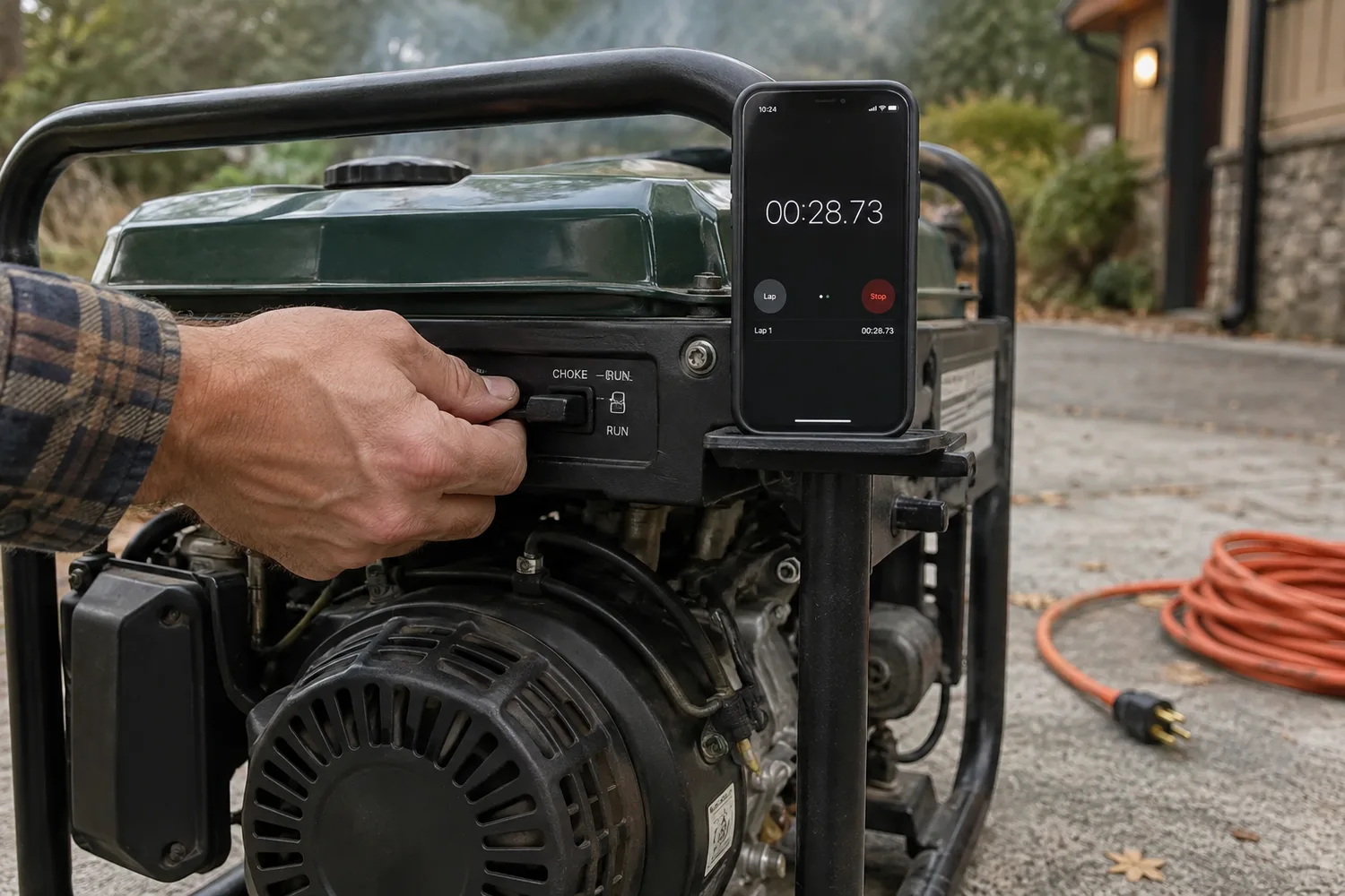 A hand moving the combined choke/run lever of a running portable generator on a driveway, a phone on the frame showing a stopwatch, an orange extension cord coiled and unplugged on the ground.