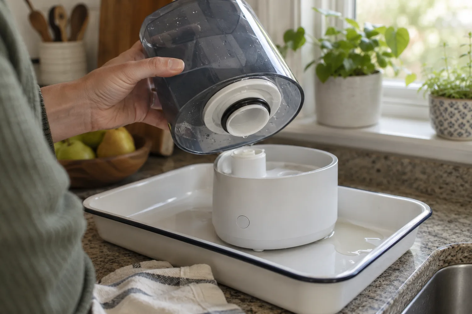 A tabletop humidifier sitting in a shallow white enamel tray on a kitchen counter, a small pool of water collected in one corner of the tray under the base, a hand tilting the tank to inspect the rubber cap gasket.
