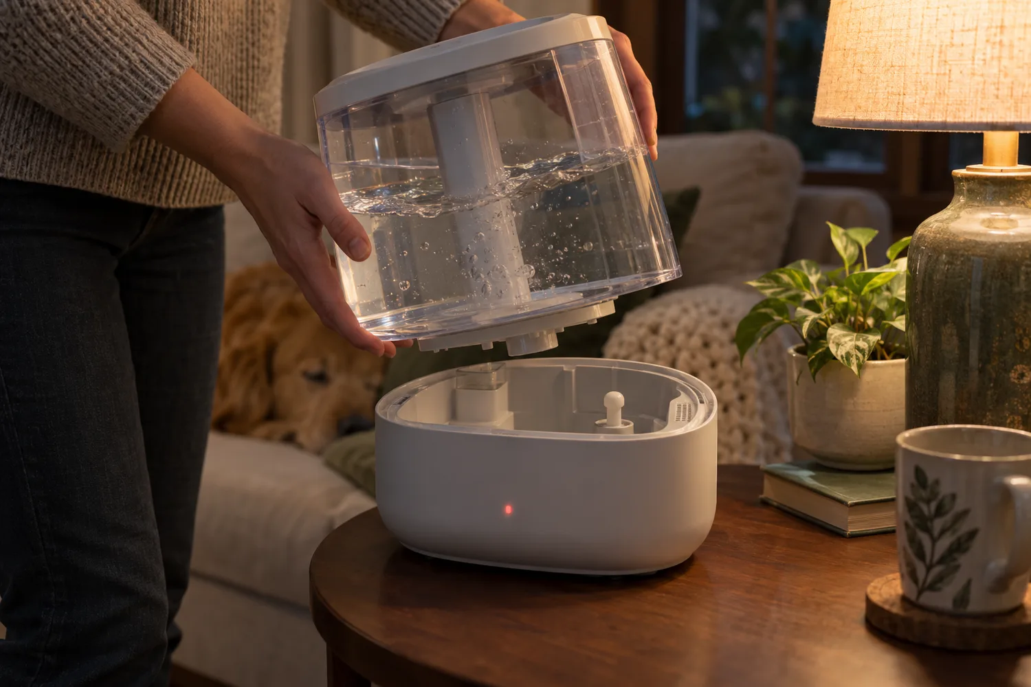 A person lifting the full clear water tank straight up off a humidifier base on a living-room side table in warm lamp light, the empty base reservoir and its small float sensor exposed, a tiny red indicator glowing on the unit.
