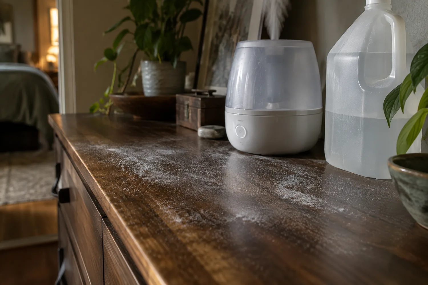 A close low-angle shot along the top of a dark walnut dresser, a fine chalky white mineral film settled across the surface near a small running ultrasonic humidifier, a jug of distilled water beside it.