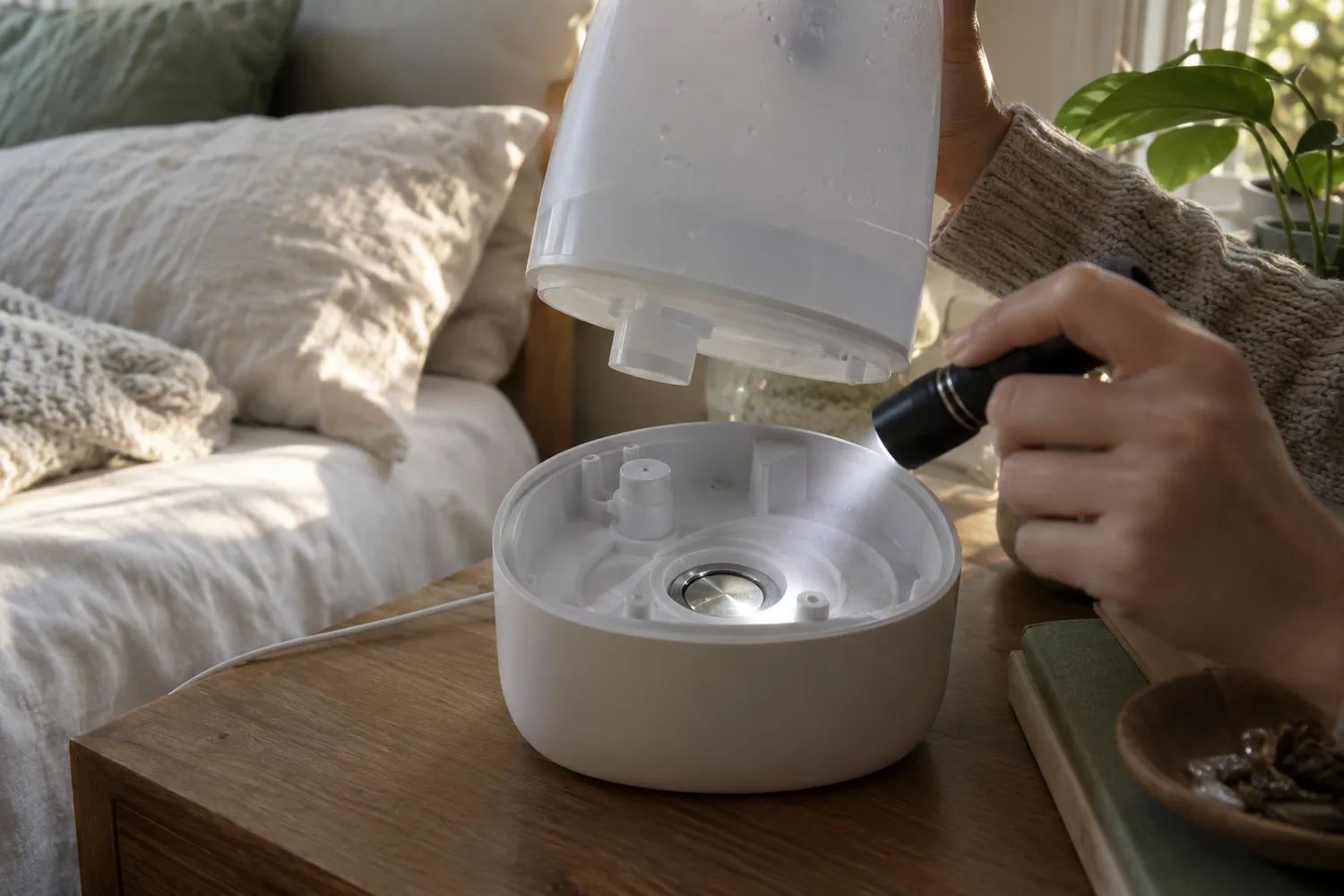 An ultrasonic tabletop humidifier on a bedside table in soft morning light, the water tank lifted away, a hand shining a small flashlight down into the base onto the round metal transducer disc.