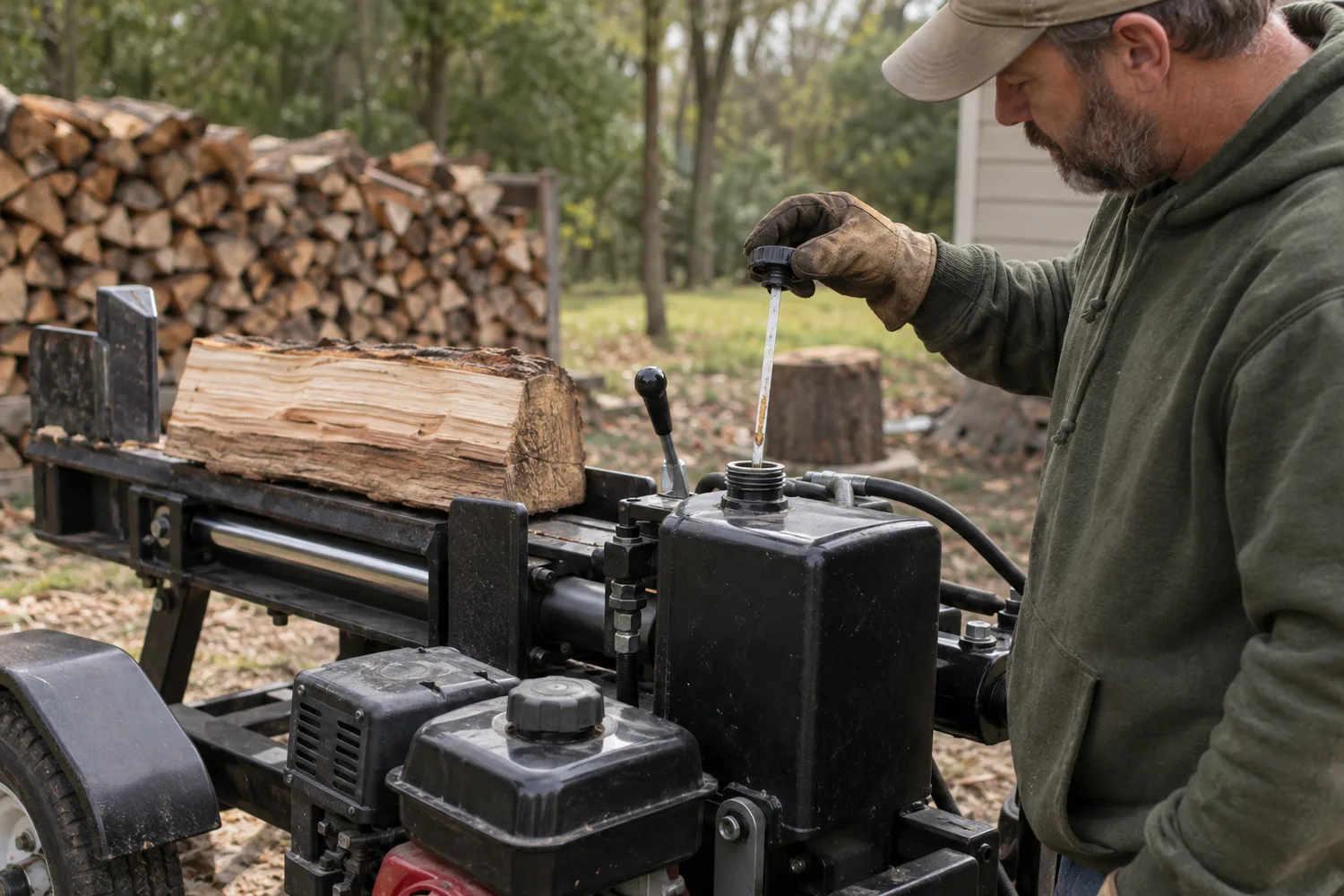 A horizontal gas log splitter in a back yard beside a woodpile, one split log on the beam, a person checking the hydraulic fluid level at the reservoir fill cap with a dipstick, the control valve lever in view.