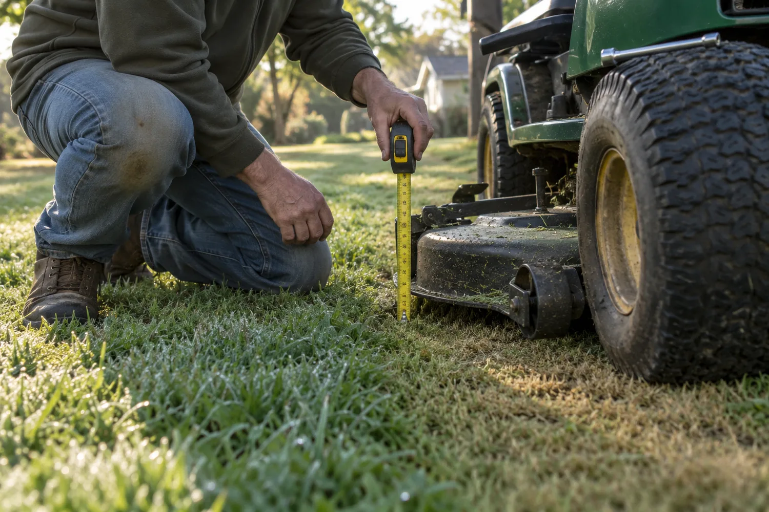 A person kneeling beside a riding-mower deck in low morning light, holding a tape measure from the deck lip to the ground, dew still on the grass.