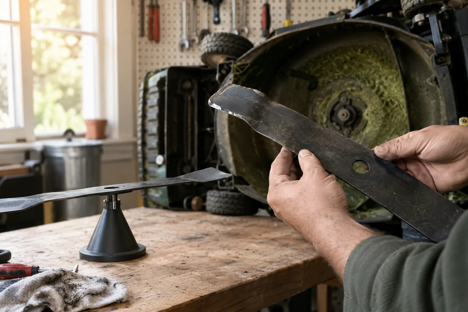 Two hands holding up a removed mower blade with a bent, chipped tip in a garage, a cone-style blade balancer on the workbench with another blade tipping to one side.
