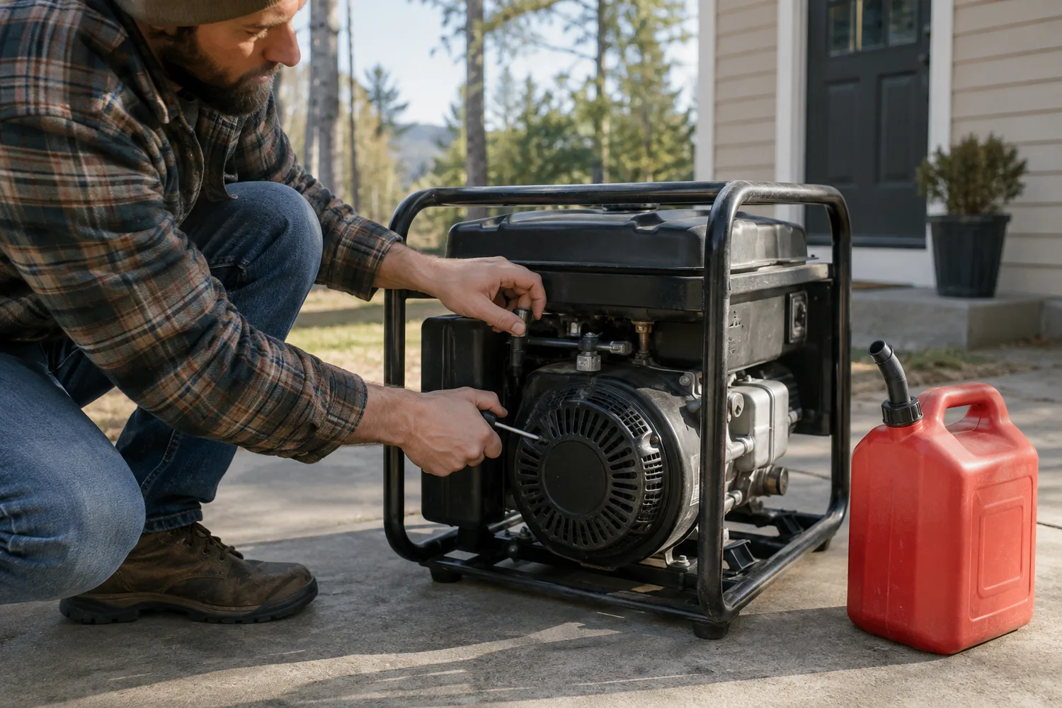A person crouched at the control side of a portable generator on a concrete driveway well away from a closed house door, hands on the fuel valve, choke and recoil-start grip, a red fuel can beside it.