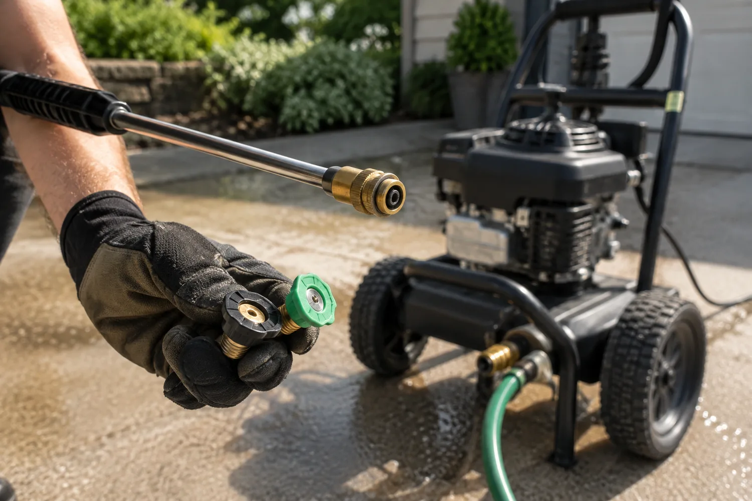 A gas pressure washer running on a concrete driveway with a garden hose connected, a gloved hand holding a black low-pressure soap tip and a coloured high-pressure tip up near the end of the wand.
