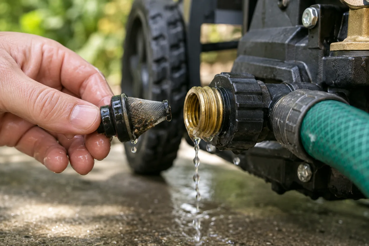 A close shot of the water inlet fitting on a pressure washer pump, a hand pulling the small cone-shaped inlet screen filter out of the fitting to check it, water running.
