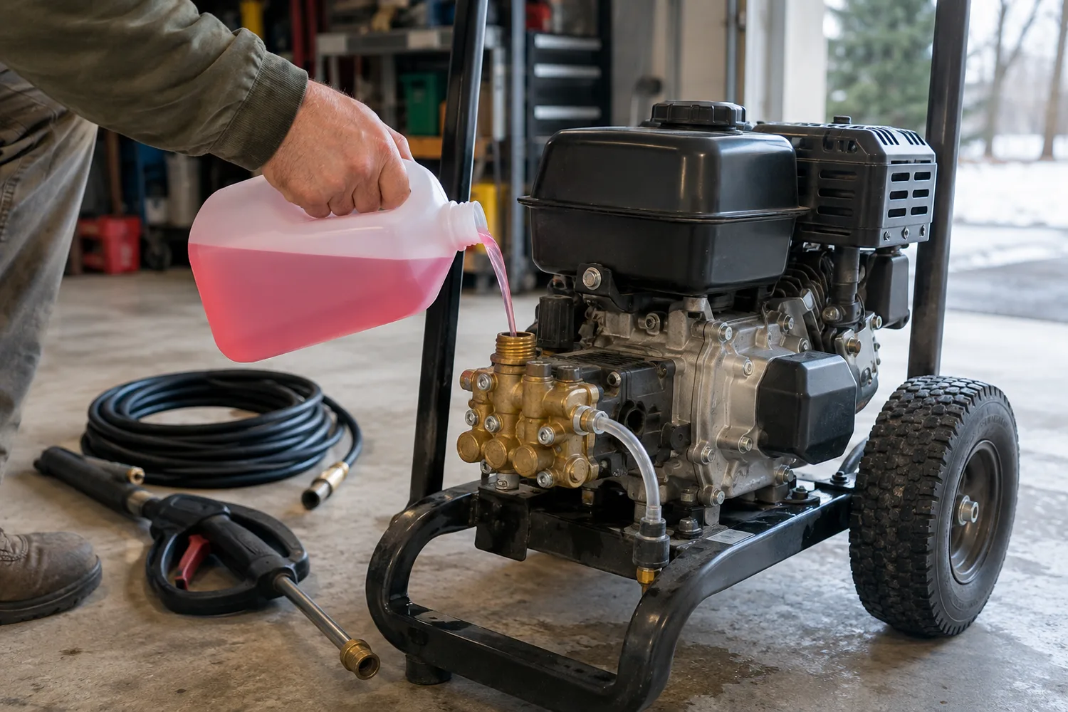 A pressure washer parked in a garage with its trigger gun and hose disconnected and coiled on the floor, a hand pouring pink pump-antifreeze into the pump inlet from a jug.