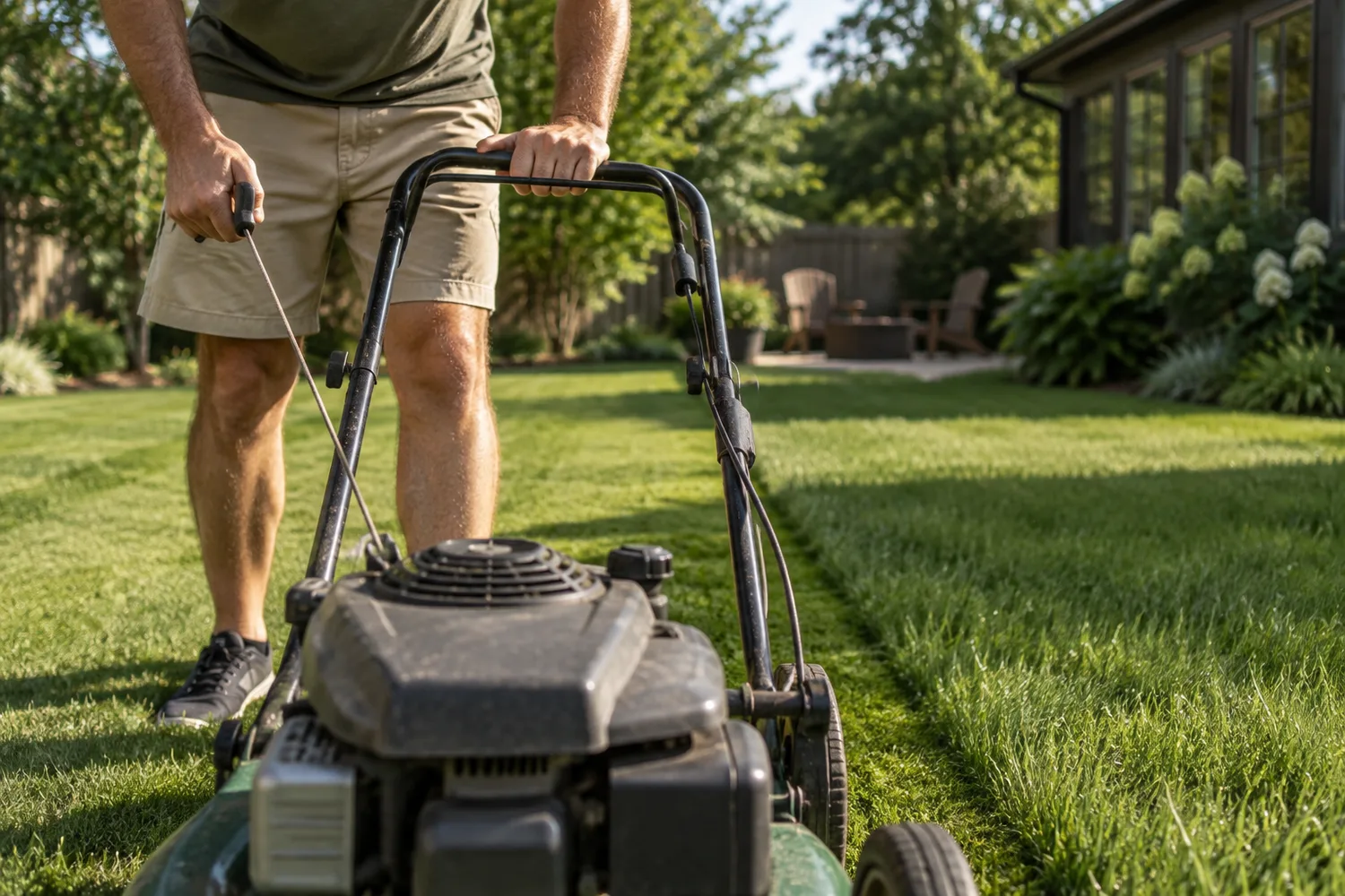 A person on a sunny back lawn squeezing the operator-presence bail bar of a walk-behind push mower against the handle with one hand while pulling the starter rope with the other, half the grass freshly cut.