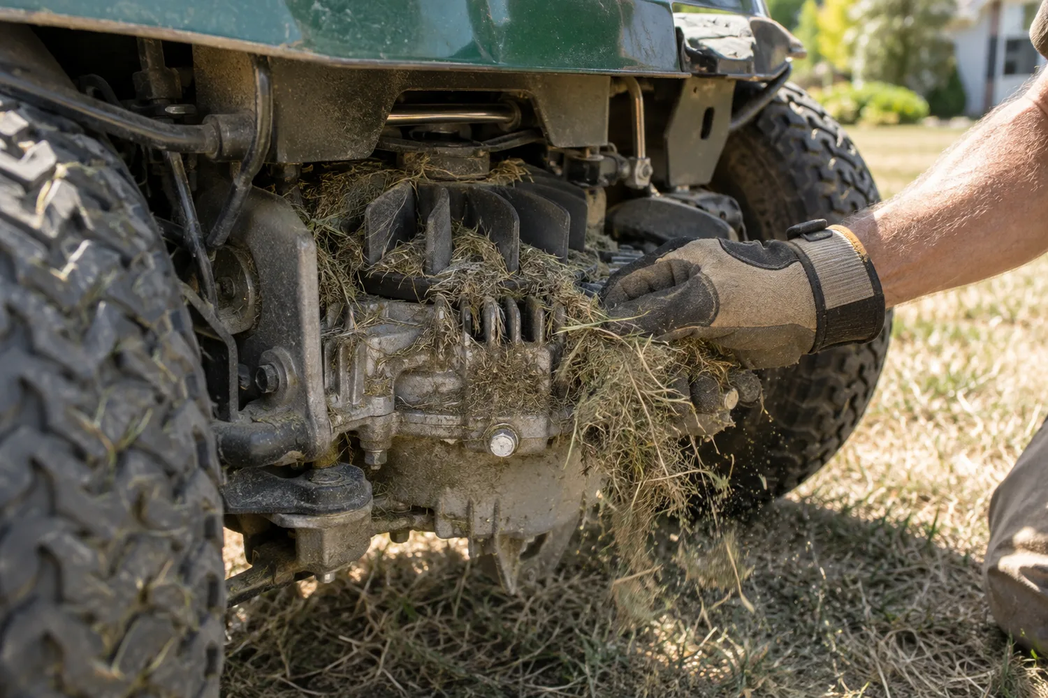 A gloved hand brushing thick matted grass clippings out of the transaxle cooling fins and fan at the rear of a riding mower on a dry lawn in bright afternoon light.