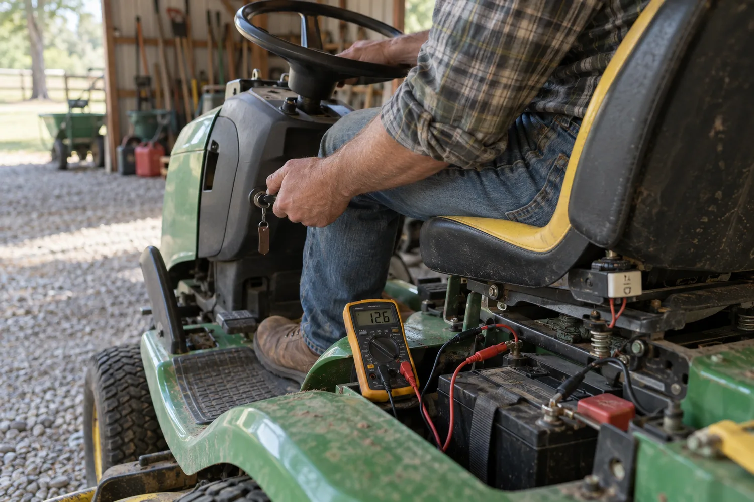 A person sitting on a riding mower in an open equipment shed turning the ignition key, a multimeter clipped to the battery terminals reading about 12.6 volts on the frame beside the seat.