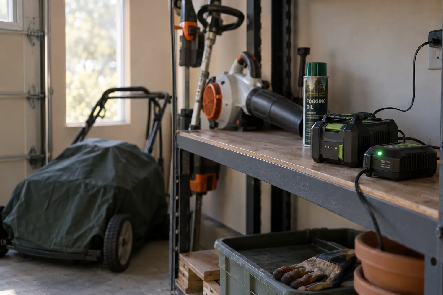 A tidy dry garage corner: a trimmer and a blower on a shelf, a small mower under a fitted cover, and a lawn-mower battery sitting on a trickle battery maintainer with a small green charge light, a can of fogging oil on the shelf.