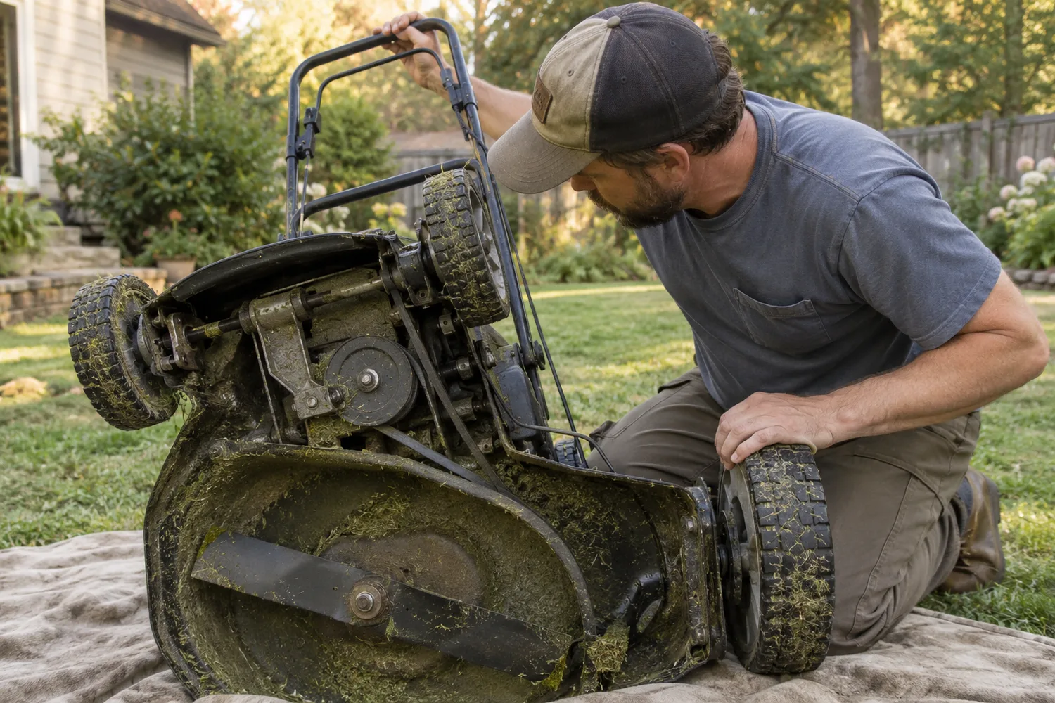 A self-propelled walk-behind mower tilted back on a drop cloth on a half-mown lawn, a person squeezing the drive bail against the handle while watching the drive belt and transmission under the deck.