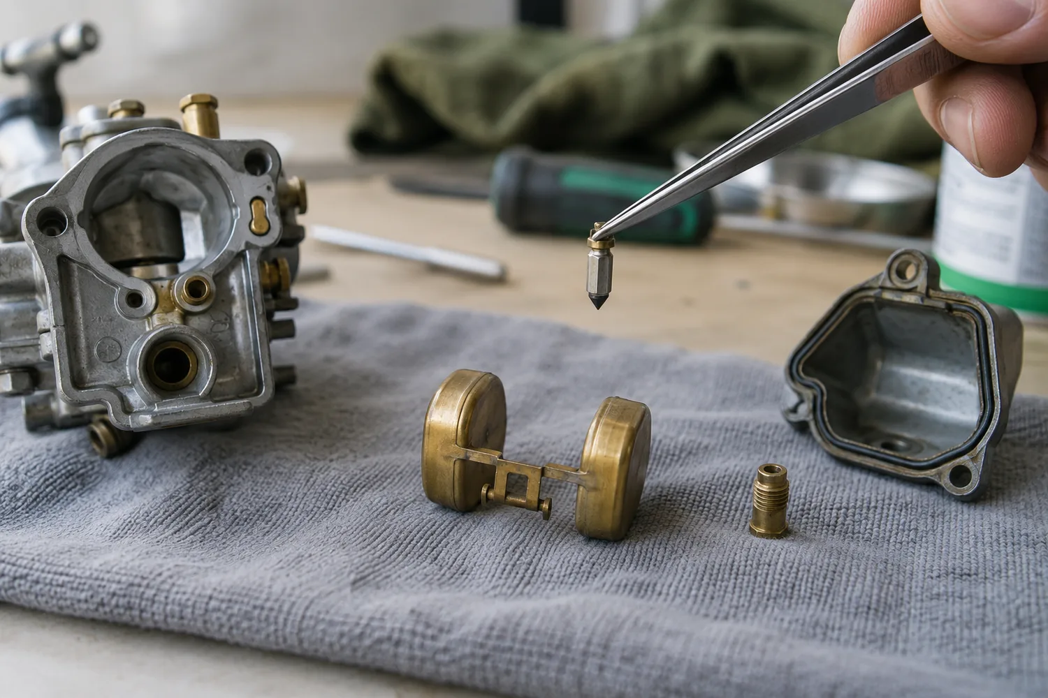 A small-engine float-bowl carburetor disassembled on a lint-free grey cloth — the float bowl, the brass float and the main jet in a row, tweezers holding the tiny tapered inlet needle above the float.