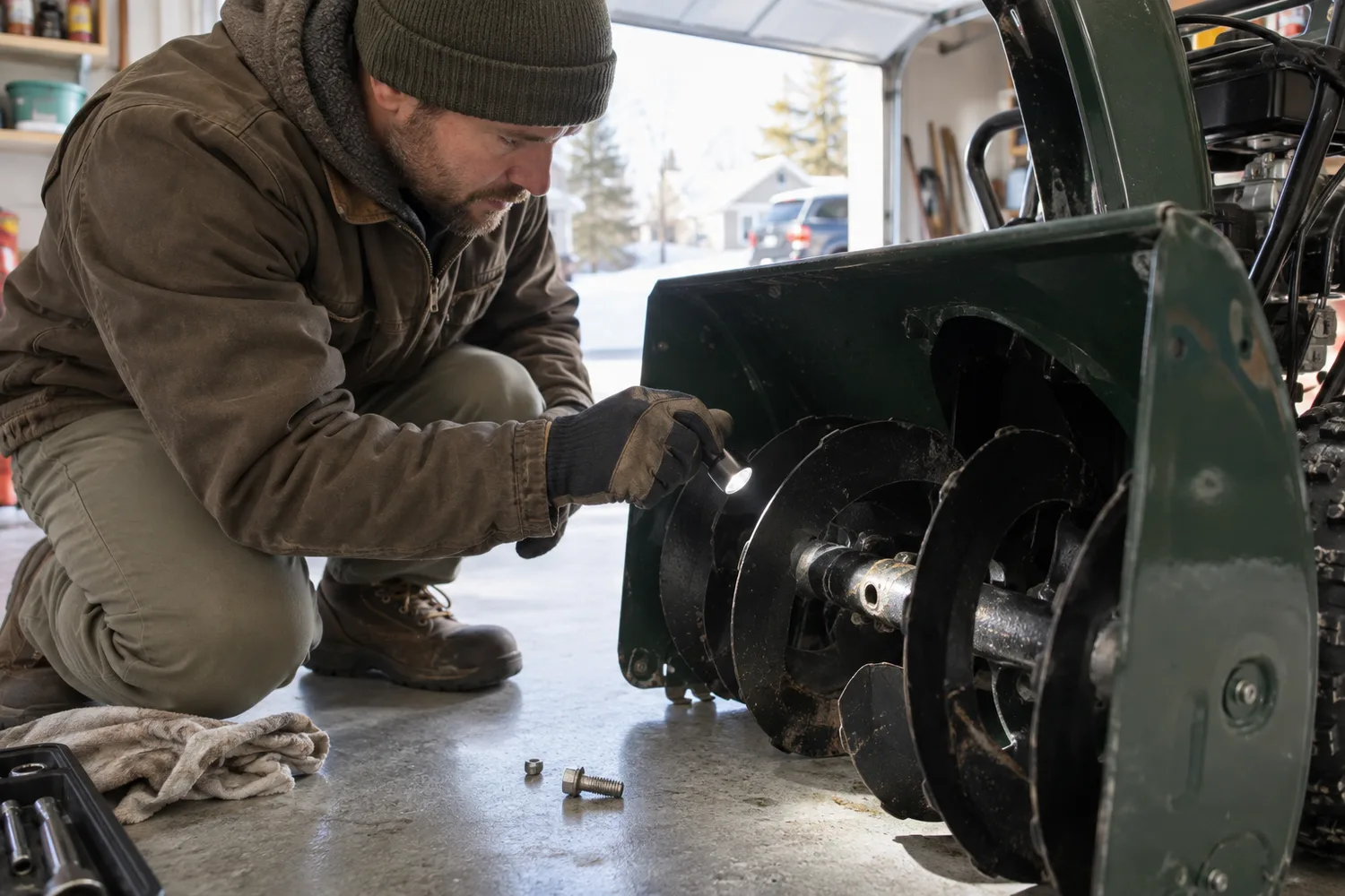 A person kneeling beside the front auger housing of a snow blower in a bright garage, shining a flashlight on the auger shaft where a shear bolt has snapped, the sheared pin on the floor.