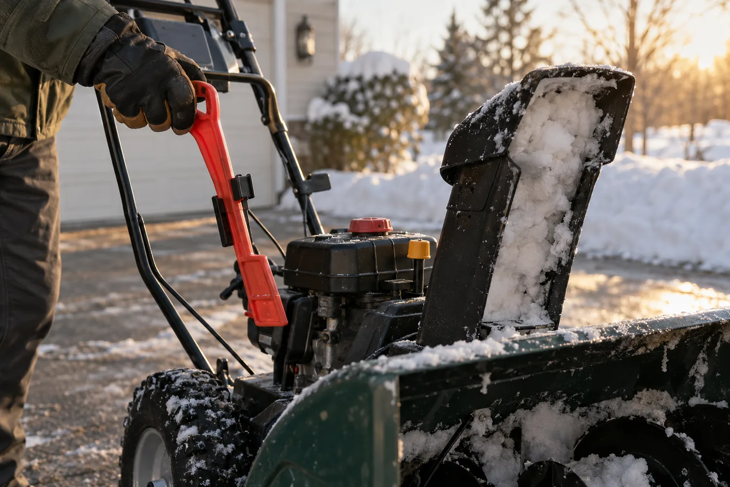 A gloved hand pulling the bright plastic clean-out tool off its clip on a stopped snow blower, the discharge chute packed solid with wet snow, warm late-afternoon side light.