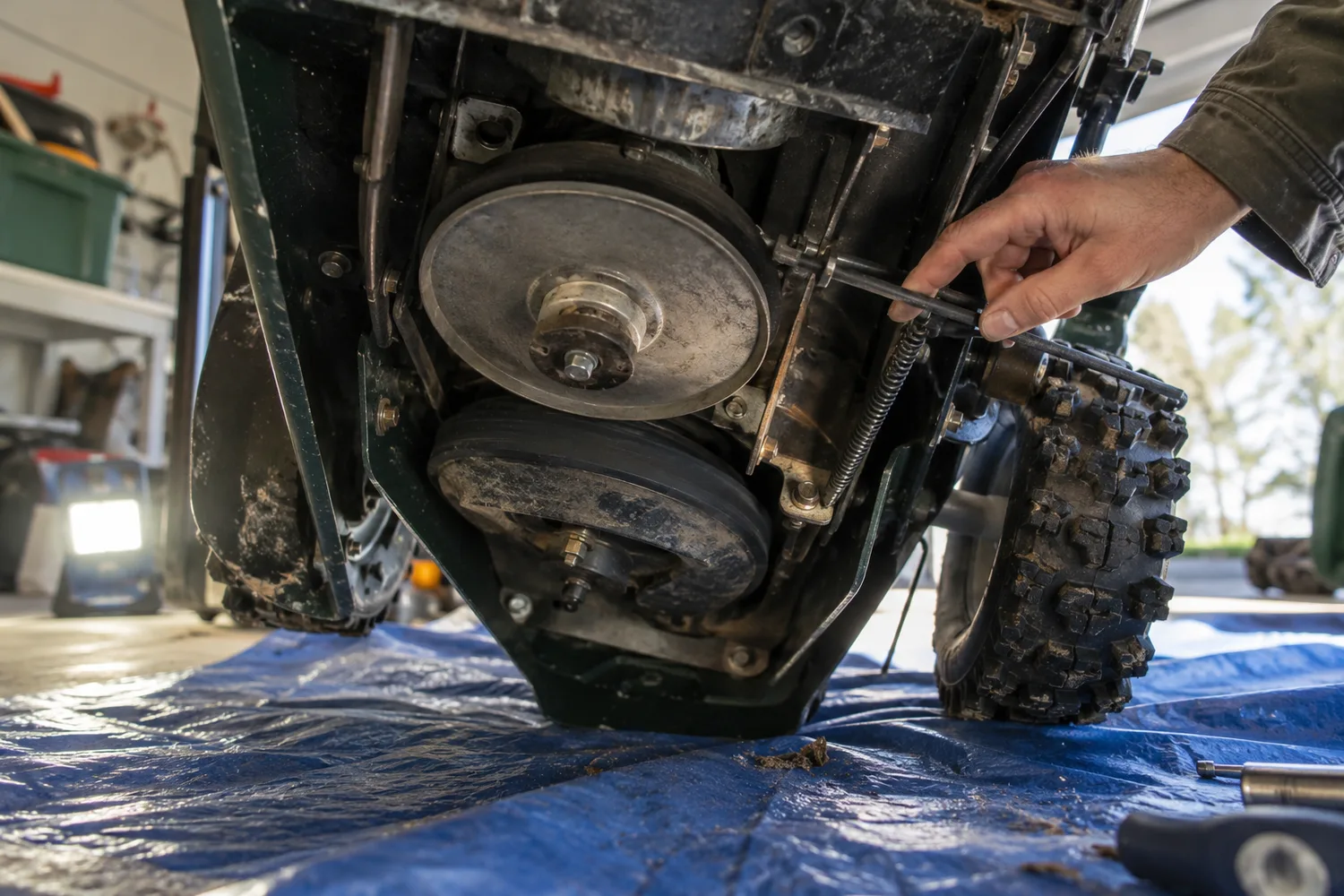 A snow blower tipped up onto its auger housing on a blue tarp in a garage, the underside exposed showing the rubber friction drive disc against the drive plate, a hand tracing the drive control cable.