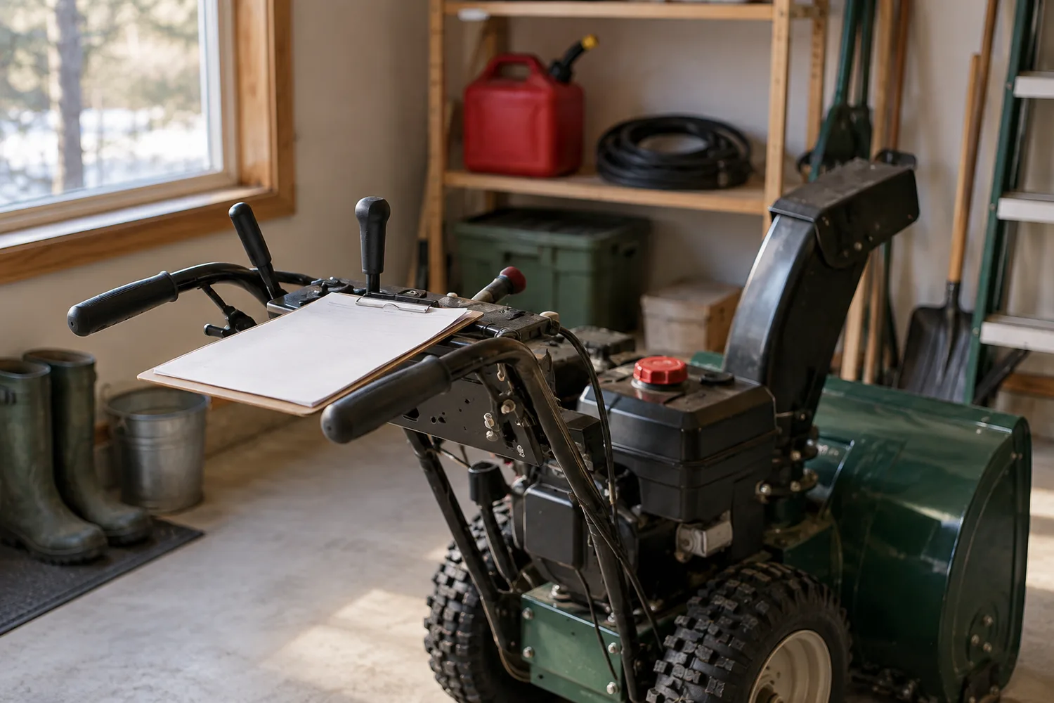 A snow blower parked in a clean dry garage corner in spring light, a fuel can and a coil of belt on a shelf nearby, a clipboard resting across the handlebar.