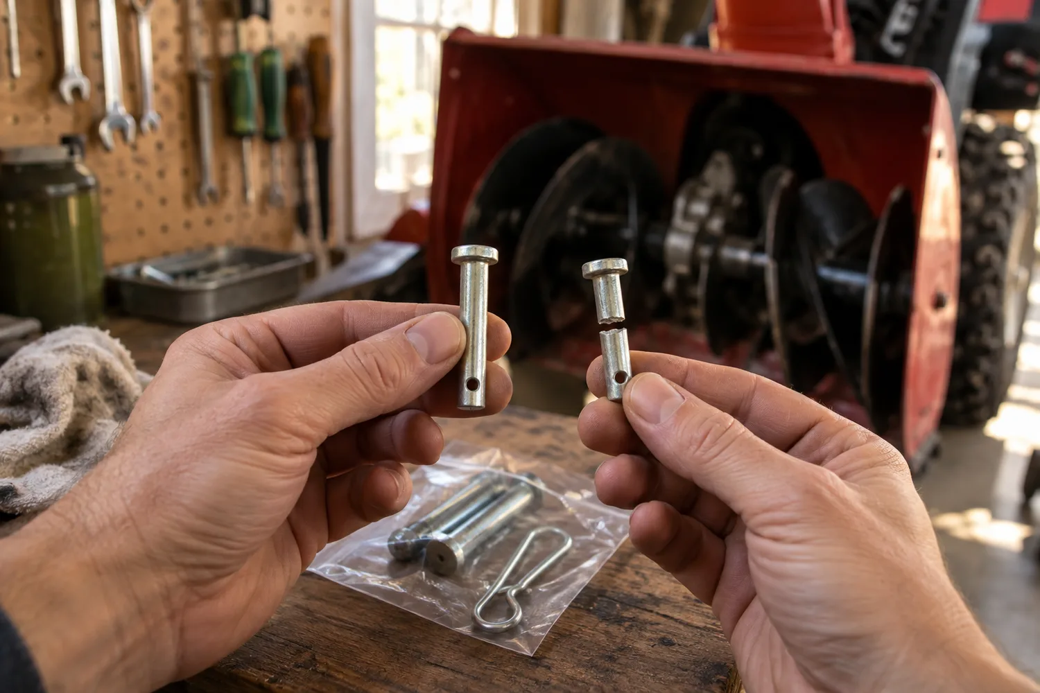 Two hands holding up a pair of snow-blower shear pins over a small parts bag of spare pins and a cotter pin, the auger of a snow blower blurred behind on a workbench.