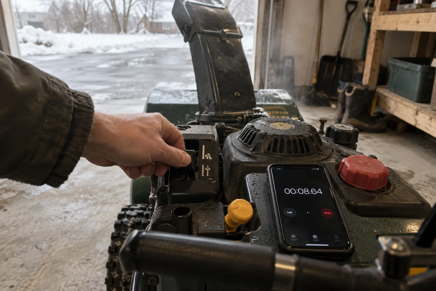 A hand easing the choke lever of a snow blower toward open just inside an open garage door, a phone on the machine dash running a stopwatch, faint exhaust haze.