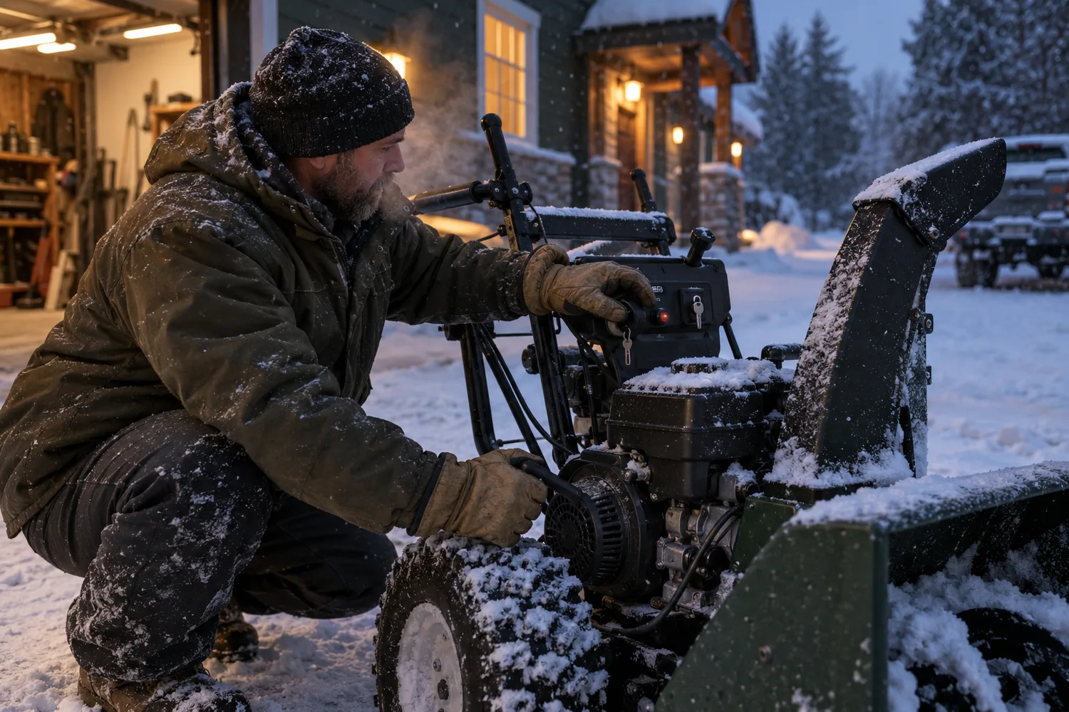 A person in winter gear crouched at the control panel of a two-stage snow blower on a snowy driveway at dusk, one gloved hand on the ignition key and choke, the other on the recoil-start handle.