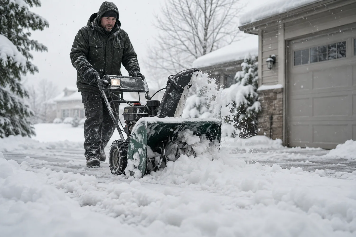 A snow blower pushed through deep wet snow on a suburban driveway during a storm, only a weak short spray of snow falling from the discharge chute instead of a long plume.