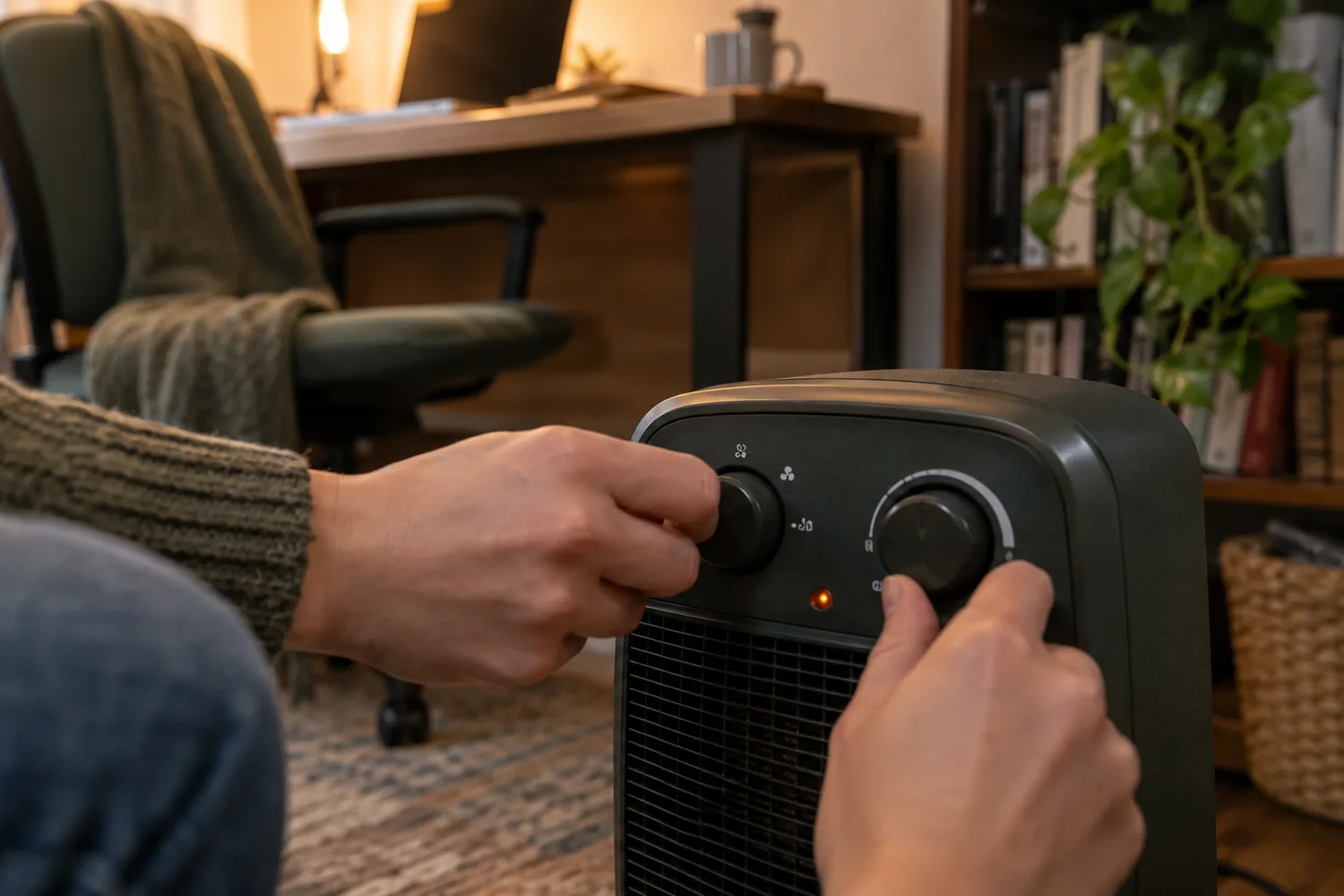 A close shot of the control panel of a small space heater on the floor of a home-office corner in warm lamp light, a hand turning the mode dial from a fan setting toward a heat setting and nudging the thermostat knob up.