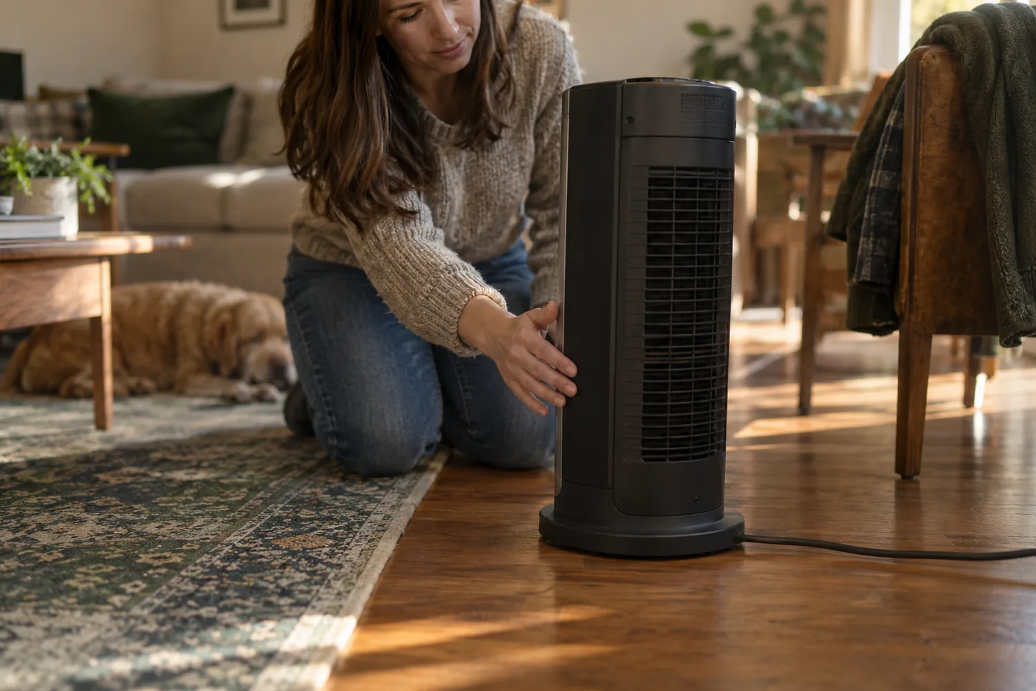 A ceramic tower space heater standing on hardwood near the edge of a rug in a living room, a person kneeling behind it with a hand near the rear intake grille checking for airflow and clearance, a throw draped over a chair well away from it.