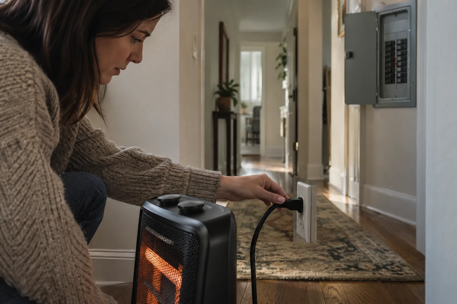 A space heater plugged directly into a hallway wall receptacle with no power strip, a person pinching the plug and cord near the outlet to feel for heat, an open electrical-panel door further down the hall with one breaker tripped.