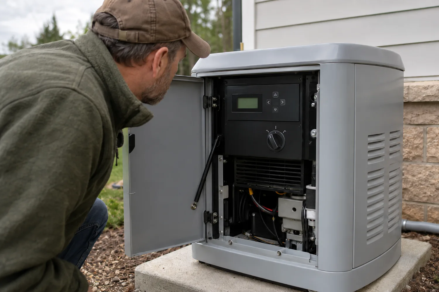 A home standby generator in its grey enclosure on a concrete pad beside a house wall, the control-panel door open showing the controller display and its AUTO/OFF/MANUAL mode selector, a person leaning in to check it.