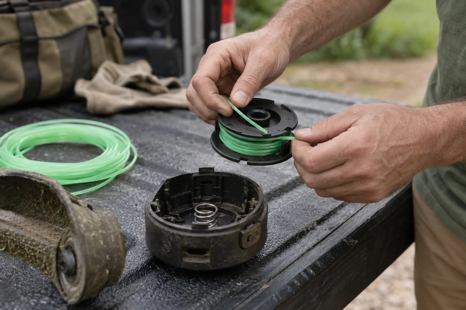 A string-trimmer bump head opened on a truck tailgate, the spool lifted out, two hands winding fresh monofilament line onto it in the marked direction, a loose coil of the same line nearby.