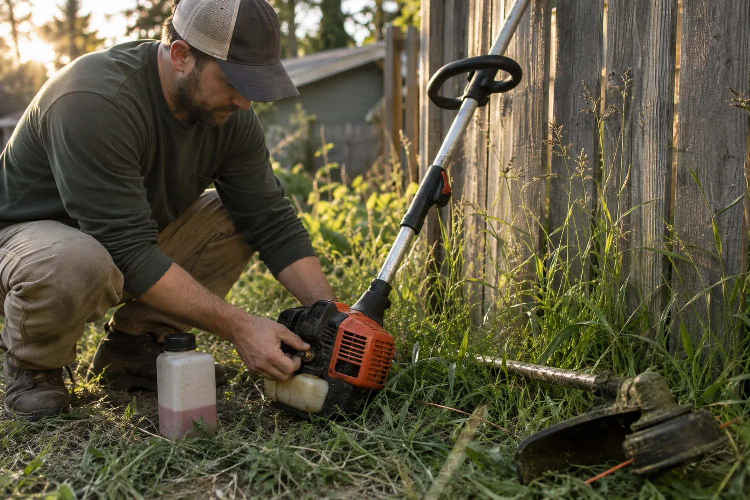 A gas string trimmer leaned engine-down against a wooden fence in low golden light, a person crouched at the engine end pressing the purge bulb and setting the choke, a small mix-fuel bottle nearby, the trimmer head and line on the ground.