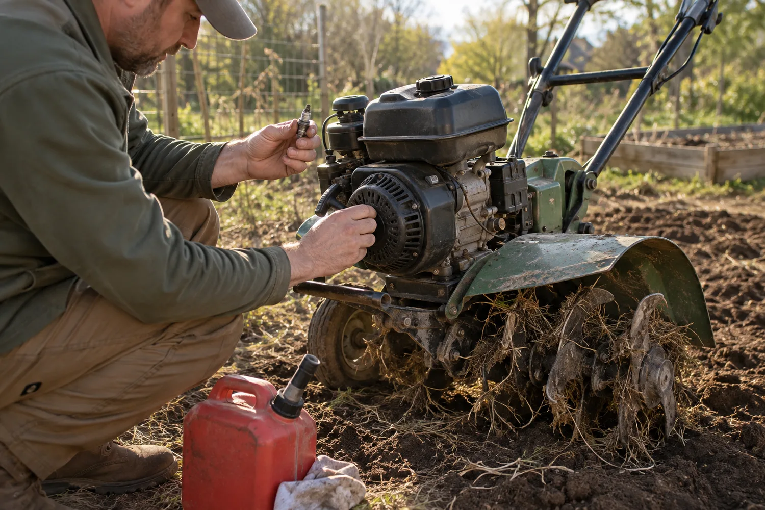 A rear-tine garden tiller at the edge of a garden bed after winter, dead weeds around the tines, a person at the engine with one hand on the recoil starter and the other holding the removed spark plug up to inspect it, a fuel can on the soil.