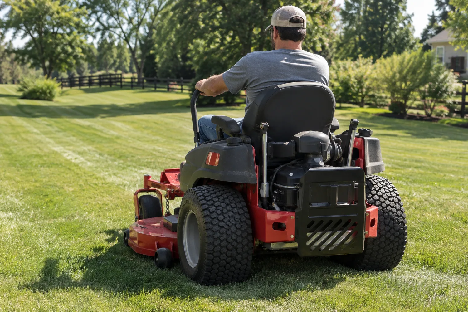 A zero-turn mower sitting still on an open lawn with freshly cut stripes behind it, the operator seated with both lap-bar levers pushed fully forward, seen from the rear three-quarter.