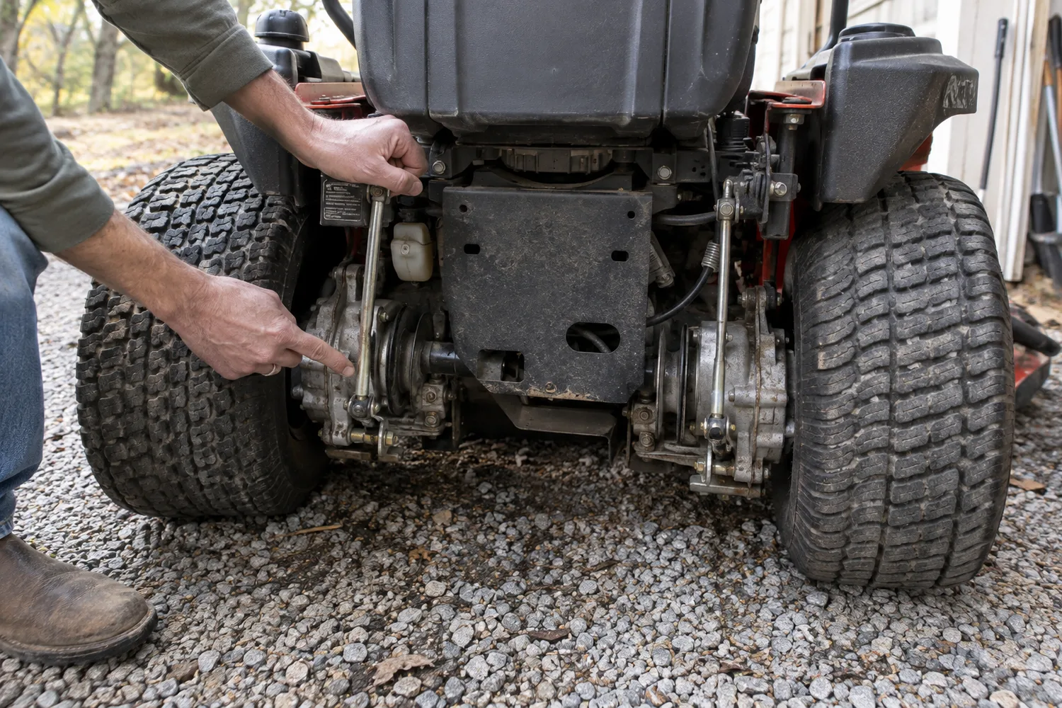 The rear of a zero-turn mower on a gravel pad, both hydrostatic transaxle pulleys and bypass rods exposed, a hand holding one rod and pointing at the other to compare them.